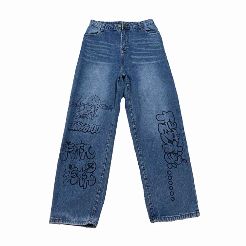 

Summer Trend Women Denim Trousers Harajuku Style Anime Cartoon Print Pattern Vintage Loose High Street Mopping Wide Leg Jeans