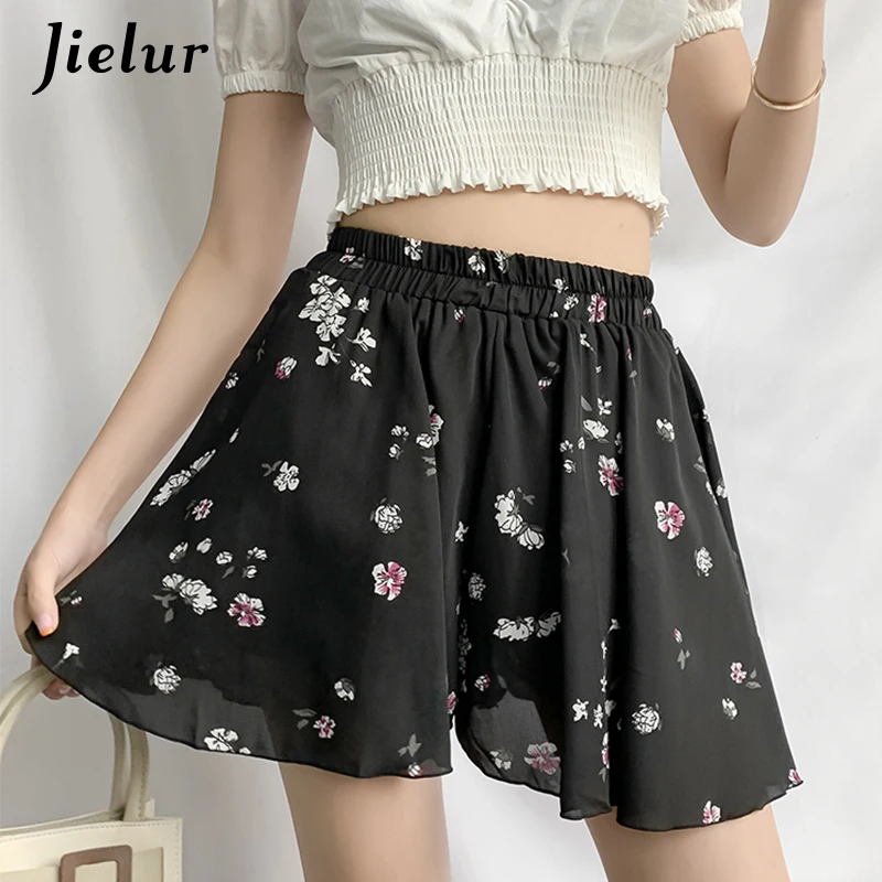 

Jielur Summer Chiffon Shorts Loose Floral Print High Waist Short Feminino Casual White Black Wide Leg Women's Shorts M-XXL