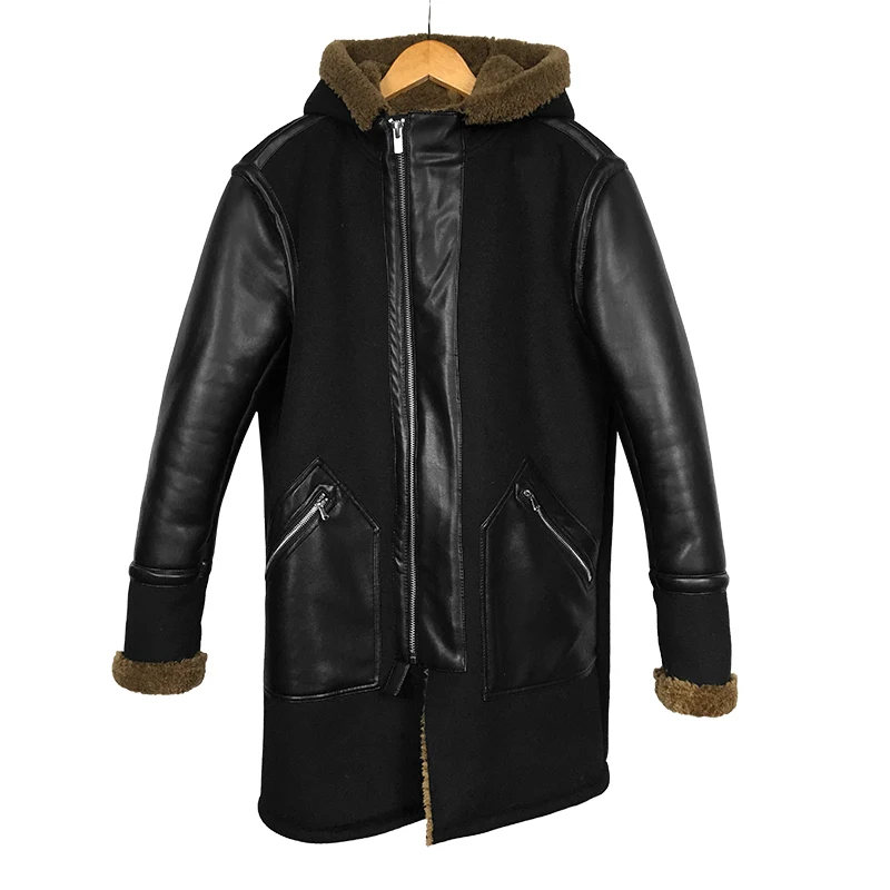 Мужская Меховая куртка средней длины из искусственной кожи ягненка с капюшоном