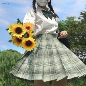 Бамбуковый лес ветер длинныйкороткий рукав Высокая талия зеленая клетчатая плиссированная юбка женское платье JK школьная форма юбка для студенток