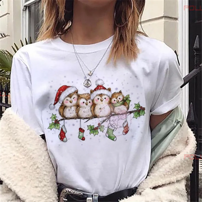 Женские футболки Kawaii с рождественскими совами белые топы коротким рукавом