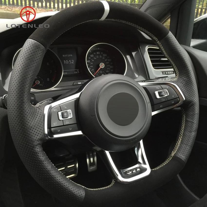 Чехол на руль LQTENLEO черная замша из натуральной кожи для Volkswagen Golf 7 GTI R MK7 VW Polo Scirocco