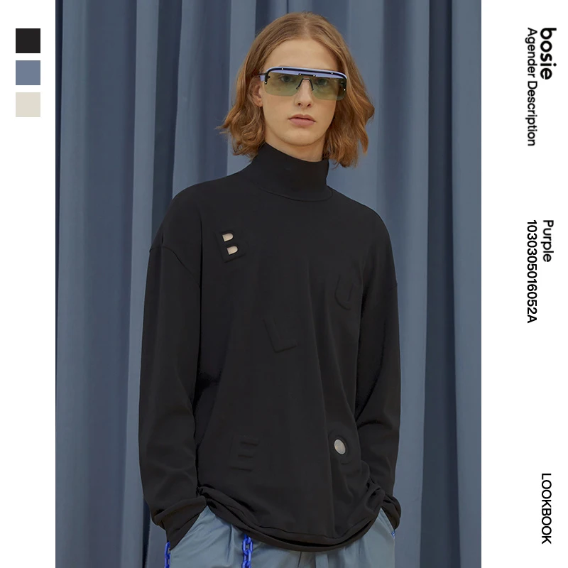 

BLUE bosie men/woman autumn new long-sleeved T-shirt couple semi-turtleneck print loose top 6052A