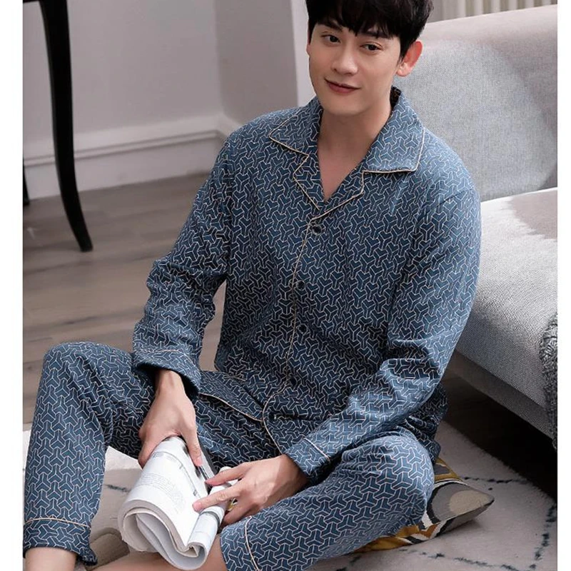 

Men's pajamas set high quality lapel nightgown spring and autumn new long-sleeved cardigan cotton plus size fashion home service