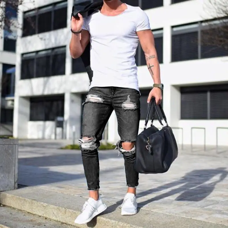 

Men's Skinny Casual Pants Hip Hop Destroyed Ripped Jeans Design Fashion Ankle Pants Skinny Jeans Street Motorcycle Jogging Pants