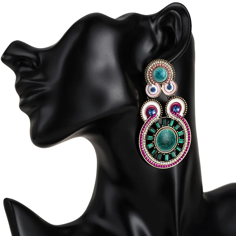 

Glitter Rhinestone Alloy Dripping Oil Earrings Colorful Multiple Round Beaded Dangle Earrings for Women Vintage Ethnic Jewelry
