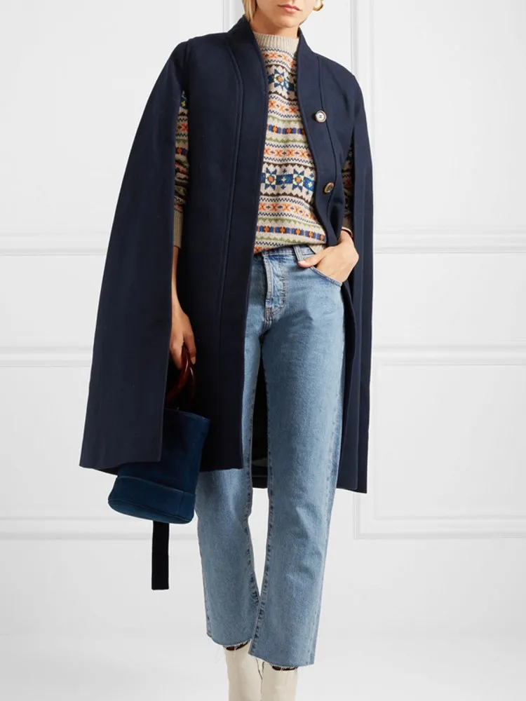 

Women Oversized Wool Navy Cape Coats Female Cloak Fall Winter Newest V Neck With Belt Coat 2020 Chic Elegant Loose Overcoat Hot