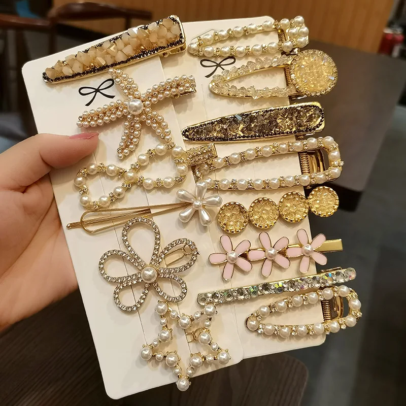 

Korean Pearl Crystal Women Hair Clips Girls Bangs Metal Rhinestone Hairpin Flower Geometric Barrettes Daily Headwear Accessories