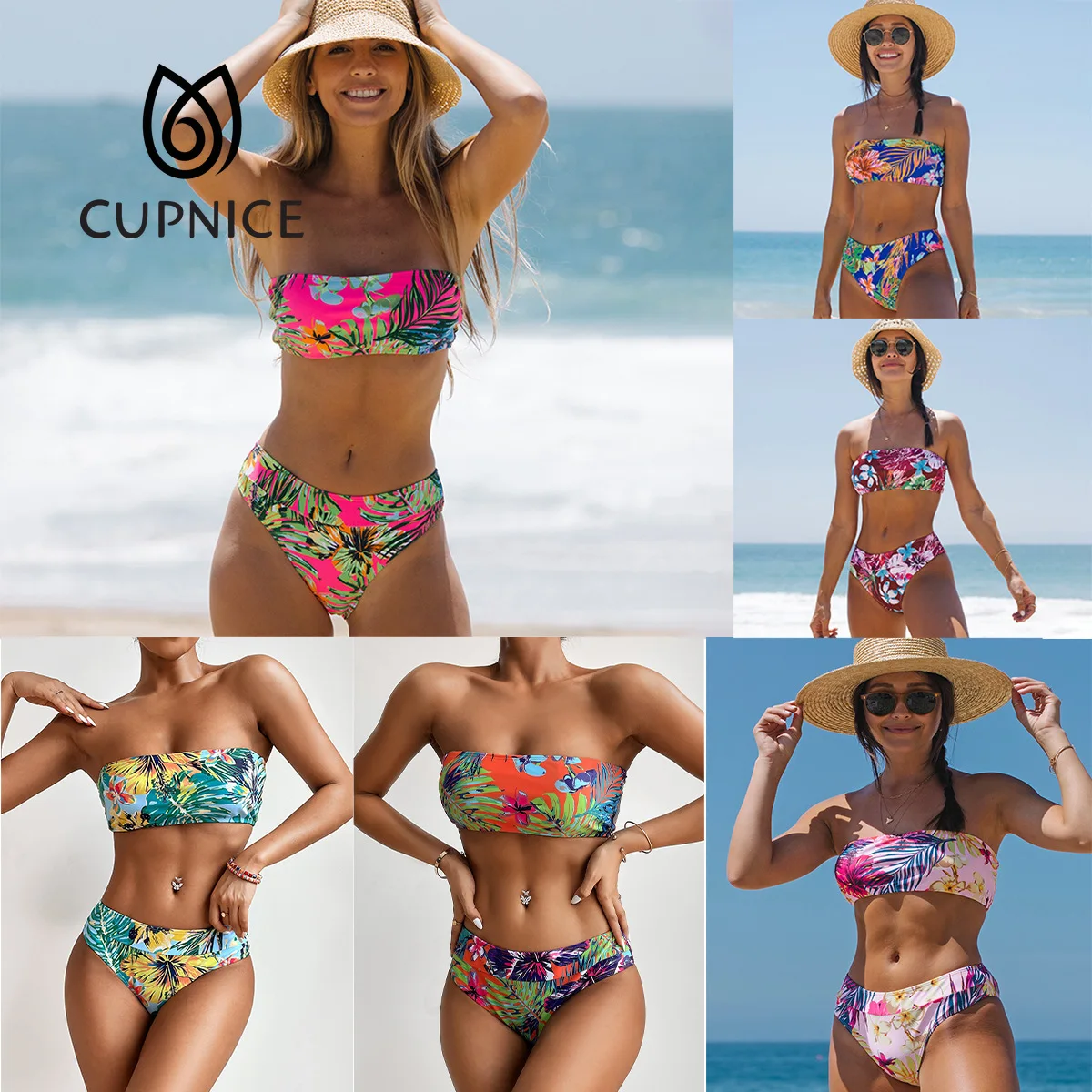 

CUPNICE 2021 купальник-бандо с тропическим принтом, сексуальное бикини, купальный костюм для плавания, женский купальник с высокой талией, женска...