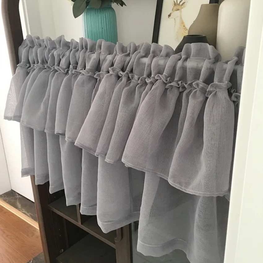 Короткие однотонные шторы из хлопка и льна серого цвета для маленьких окон