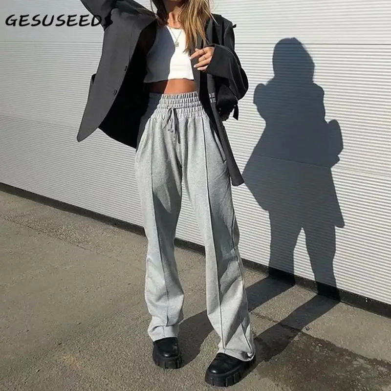 

Fall casual pants vintage solid sweatpants women high waisted pants joggers women wide leg pants black drawstring trousers grey