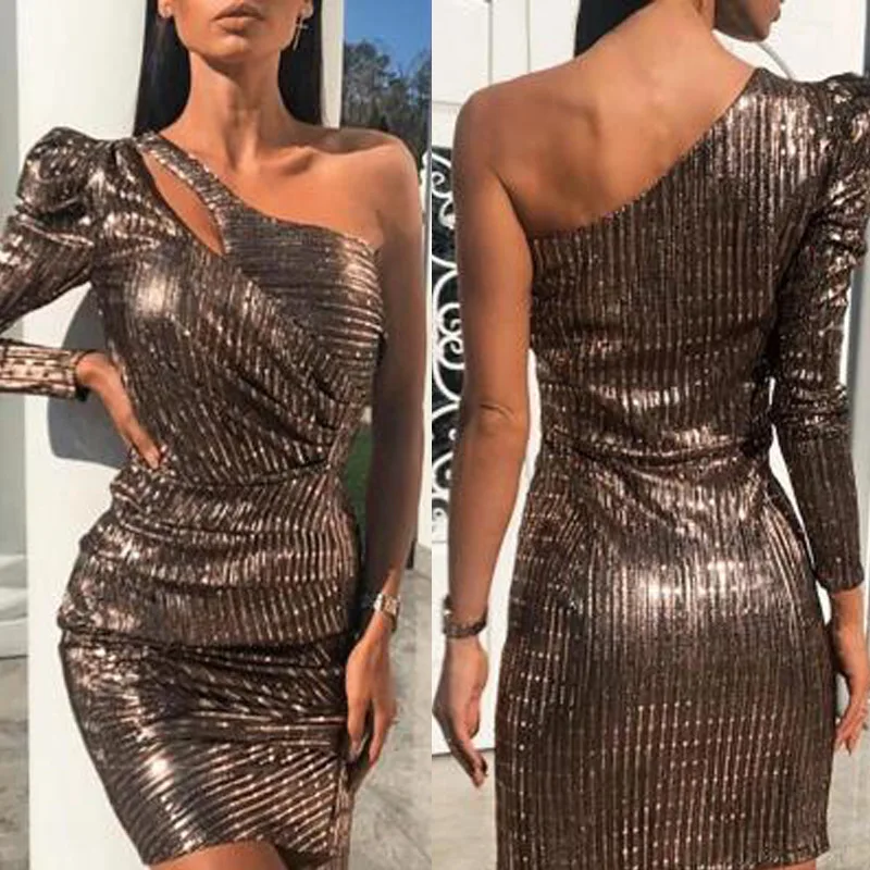 

One Shoulder Long Sleeve Dark Brown Cocktail Dresses Short Mini Straight Women Lady Night Club Party Gown YSAN570