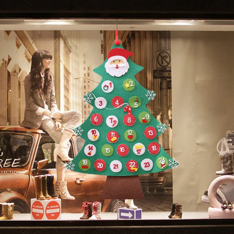 

New Christmas Tree Calendar For Hanging Ropes With Cartoon Santa's Unique Non-Woven Countdown Calendar
