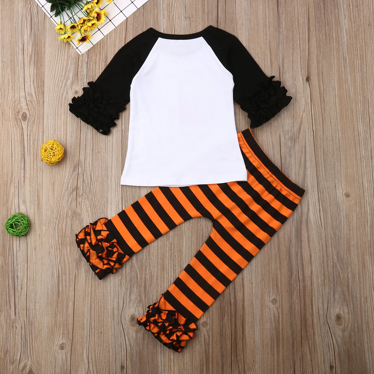 

Halloween Autumn Kids Clothing Sleeve Ruffle T-shirt Pumpkin Tops Striped Pants 2PCS 2020 Baby Girl Clothes Set