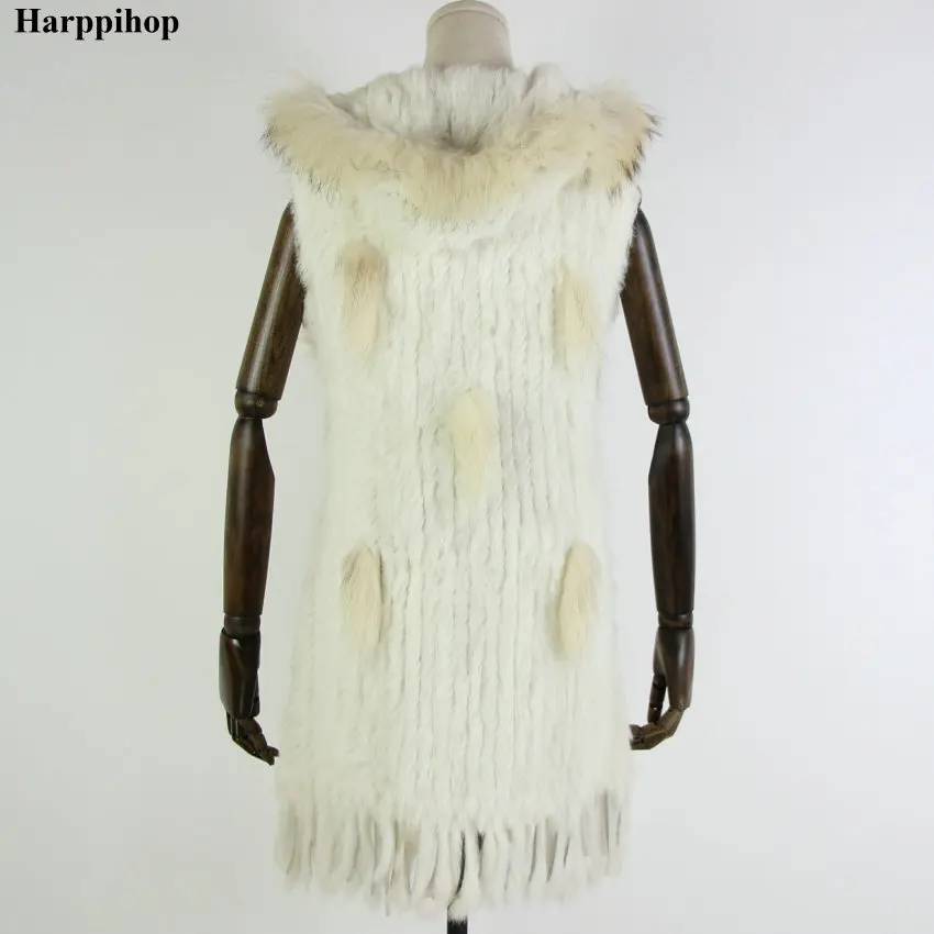 Harppihop меховой натуральный меховой жилет из натурального кроличьего меха вязаный жилет с капюшоном длинное пальто куртки для женщин зимние V-211-05