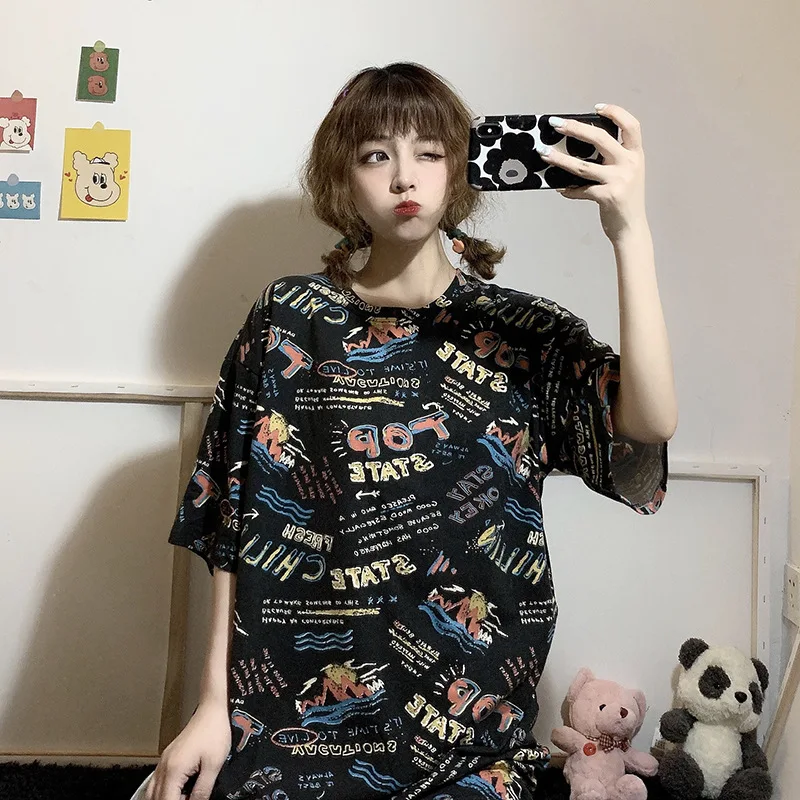 

Women's t-shirts summer Top black ins fashion trend round neck short loose top T-shirts harajuku graffiti printed letter T-shirt