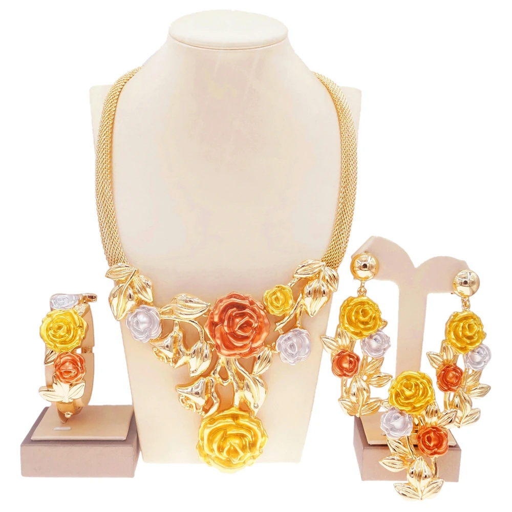 Newest Italian Jewelry Set High Quality Color Rose Flower Necklace Wedding Party Fashion Earring Bracelet H0085