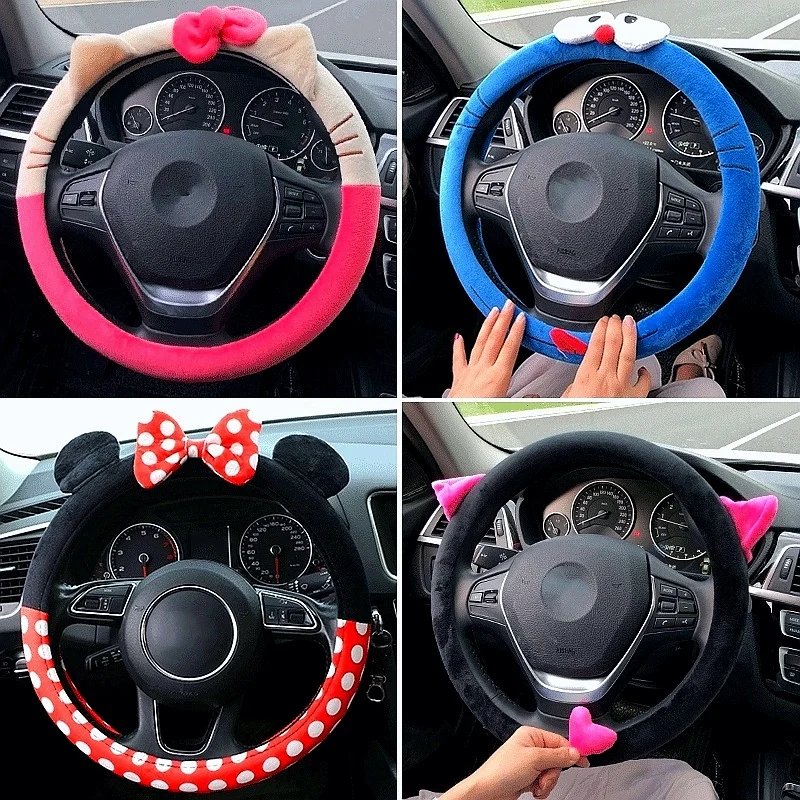 car steering wheel cover universal cartoon mouse plush winter summer lovely bowknot cute ears wholesale car interior accessories free global shipping