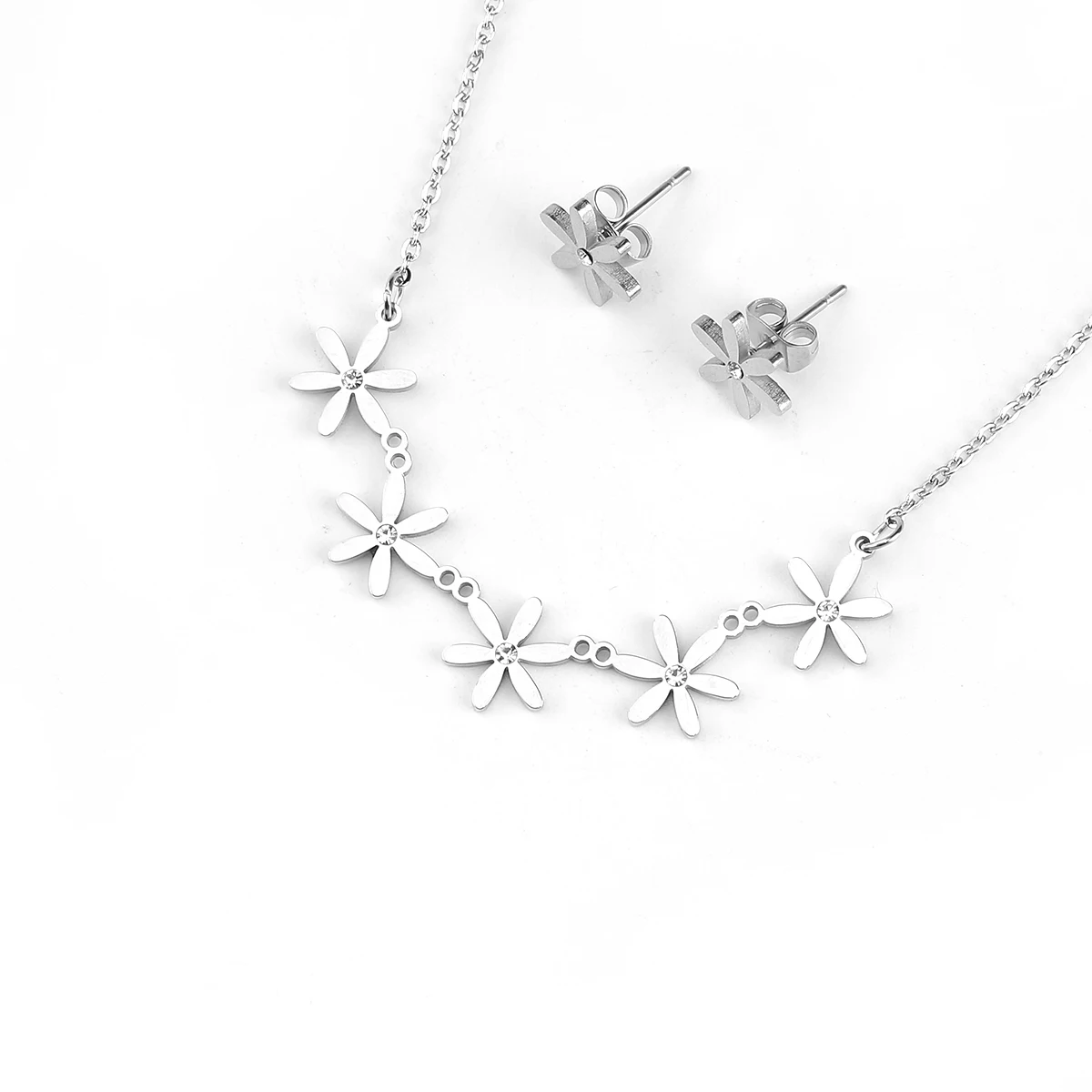 

Silver 304 Stainless Steel Jewelry Set Necklace+Ear Stud for Women White Rhinestone Flower Earring+Pendant Fashion Jewelry Gift