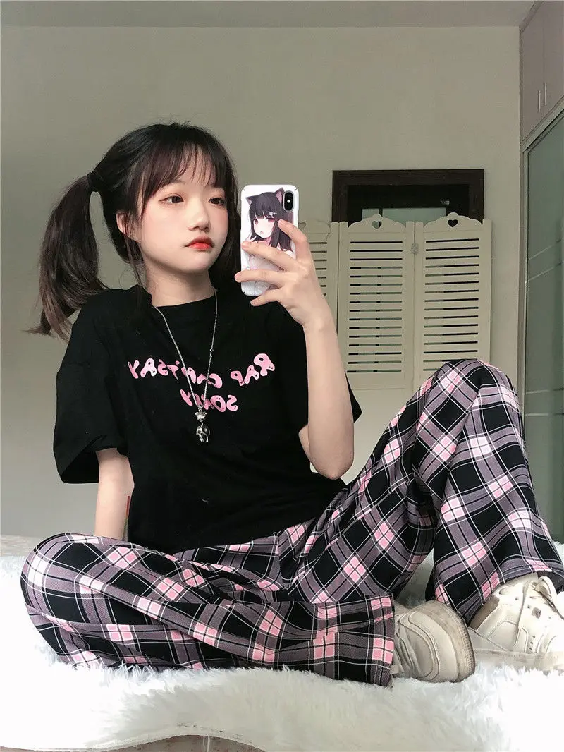 

Sweet girl plaid wide leg pants Korean vintage loose preppy style kawaii straight leg pants streetwear Harajuku oversize pants