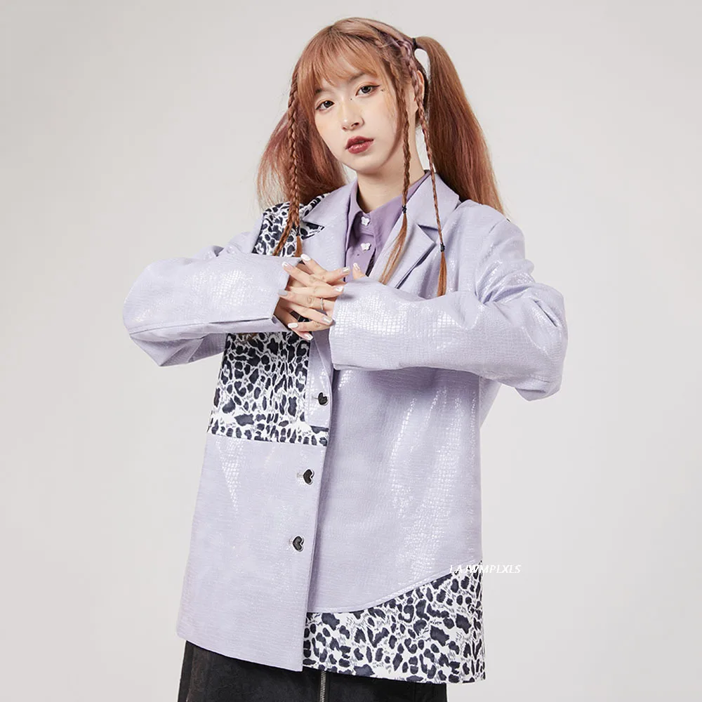 

Корейское Женское пальто 2021 новая весенне-осенняя фиолетовая куртка из искусственной кожи с леопардовым принтом пальто на пуговицах