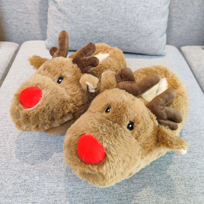 

Плюшевые тапочки в виде рождественского оленя, коричневые домашние тапочки с мультяшным животным для мужчин и женщин, Нескользящие Зимние ...