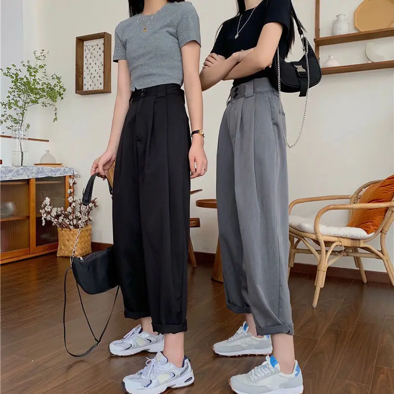 

Pants Women All-match Basic Summer BF Style Minimalist Ladies Ankle-Length Trousers Wide-leg Chic Leisure Popular Womens Pant