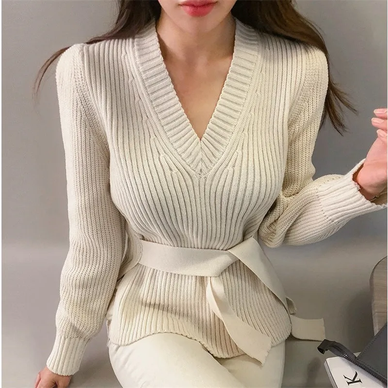 2019 autumn winter women's sweater v neck long sleeve lace up knitted tops korea P347 | Женская одежда
