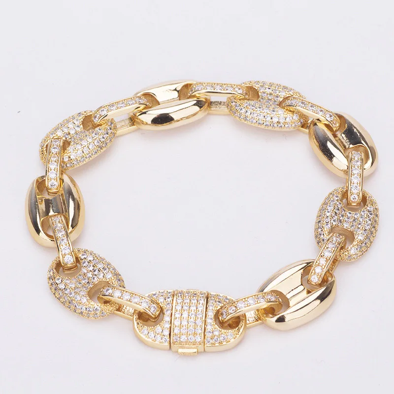 

10mm Hip Hop Micro Paved AAA Cubic Zirconia Bling Iced Out Solid Coffee Bean Link Chain Bangle Bracelet for Men Rapper Jewelry