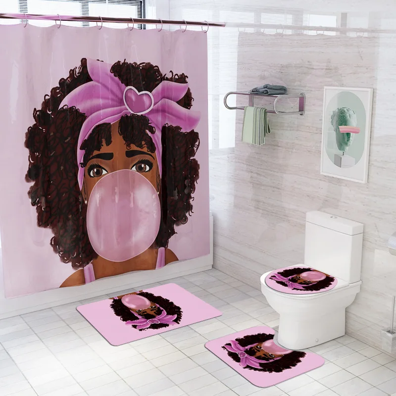 

African Women Shower Curtain Beautiful Girl Blowing Bubbles Bathroom Curtains Non-Slip Rugs Pedestal Carpet Toilet Bath Mat Set
