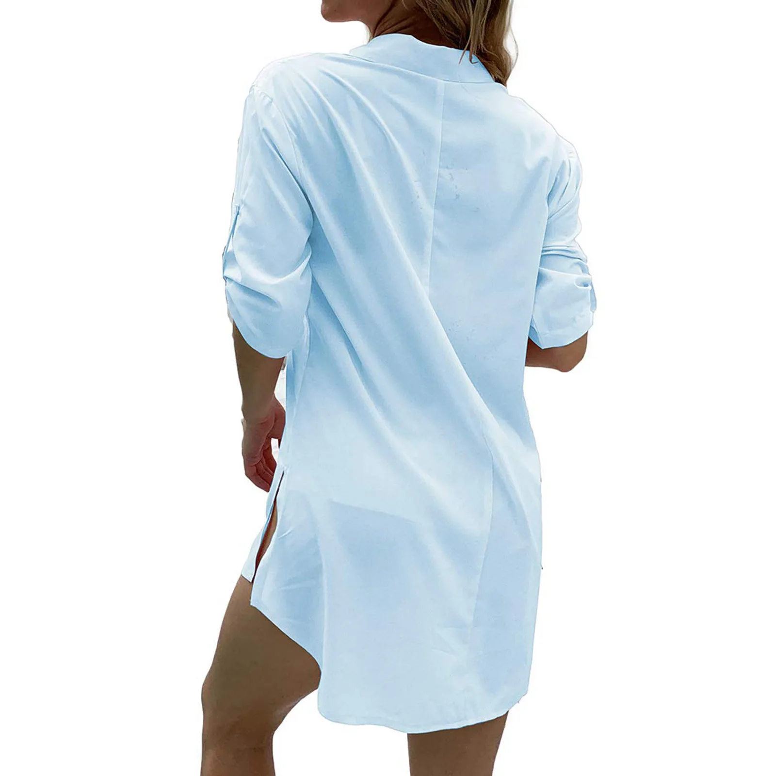 

Summer Beach Dresses 2021 Women See-through Chiffon Dress Solid Color White Blue Black Button Up Shirts Dress Dropshipping