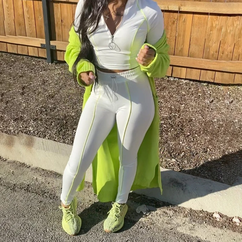 

European And American Style 2021 Autumn Winter Womens New Line Stitching High Waist Slim Casual Sports Two Piece Suit