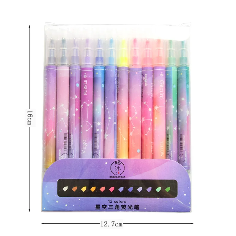 

12pcs/set Creative Double-headed Color Highlighter Starry Fluorescent Pen Colored Drawing Marker Pen Student Stationery