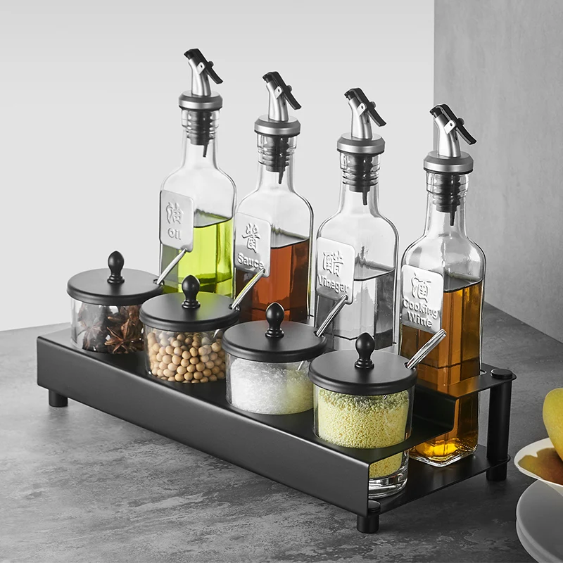 

Stainless Steel Spice Rack Spice Jars Set Glass Salt Pepper Oil Vinegar Spice Rack Organizer Especiero Kitchen Supplies DG50ST