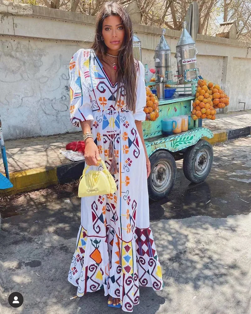 

Rocwickline New Summer and Autumn Women's Dress Loose Sashes Office Lady Print V-Neck Draped Lantern Sleeve Slim Casual Dress