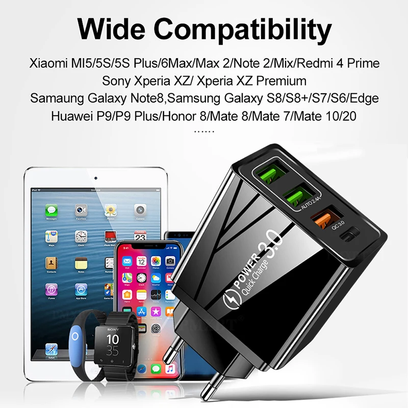 US/EU/UK Plug Fast Charge Mobile Phone Charger Multi-port USBC PD Charging Head Quick Power PD20W+QC3.0 2.4A Dual USB | Мобильные