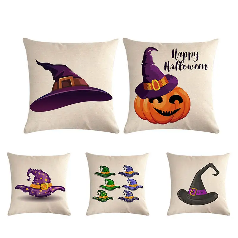 

Happy Halloween Cushion Cover Hat Pumpkin Cotton Linen Cartoon Throw Pillow Cover Home Decor 45x45cm Pillowcase For Sofa Office