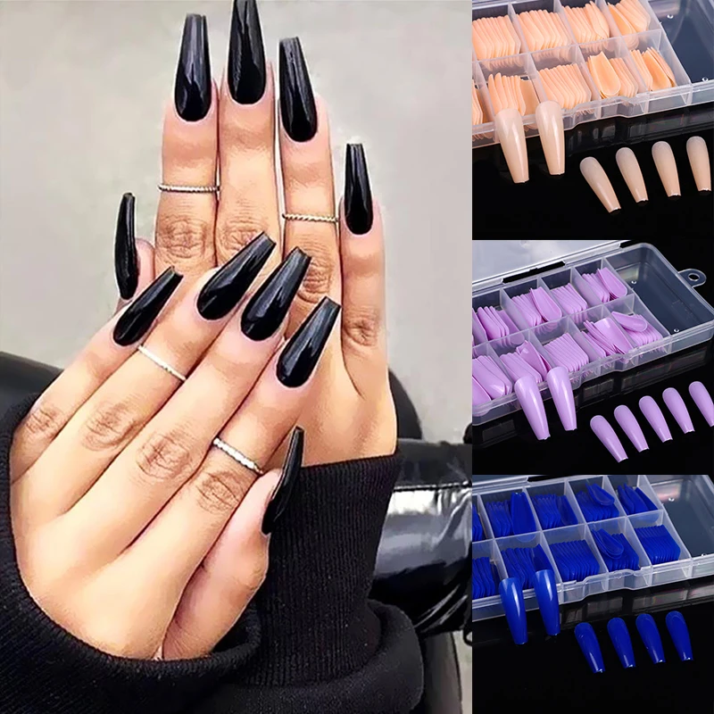 

100PCS Multi-size Solid Color False Nails Full Style Long Nails DIY Nail Art Artificial Nail Tips Fingernail Sticker 14 Colors