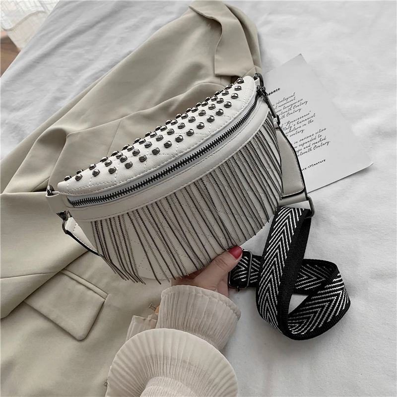 

Spring Trend Fringe Wide Strap Chest Bags For Women Famous Brand Studded Rivet Crossbody Bags High Quality PU Leather Waist Pack