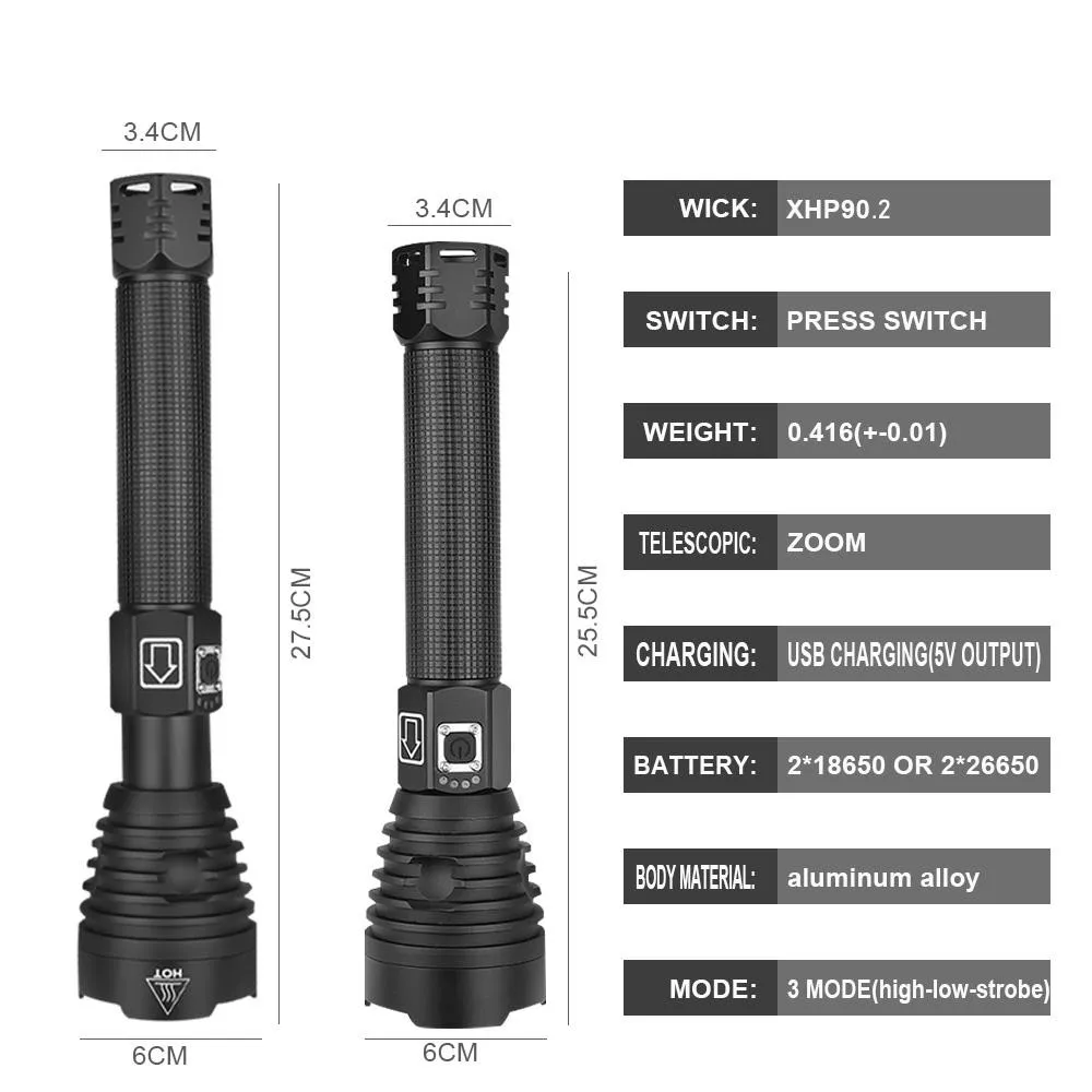Comprar Linterna Led Más Potente Xhp90.2 Linterna Exterior Con Zoom Superbrillante Con Línea De Carga USB Y Baterías 26650 Blancas