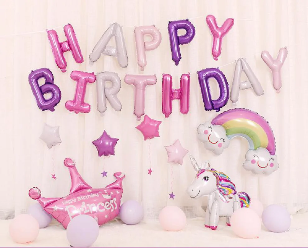 

Unicorn Balloon Package Happy Birthday Party Decoration Birthday Letter Aluminum Globos Crown Clouds Chick
