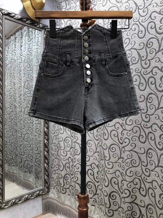 

2021 spring and summer new women's single breasted Decorative High Waist splicing casual versatile denim shorts 320
