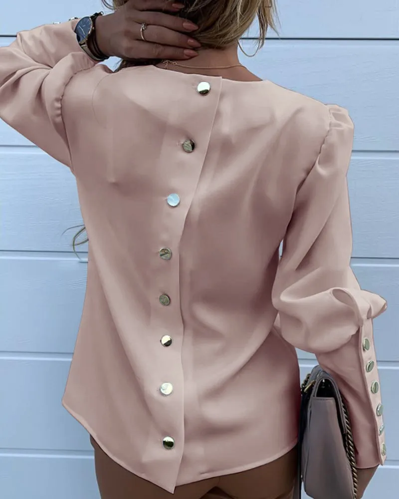 Solid Metal Buttoned Detail Casual Blouse