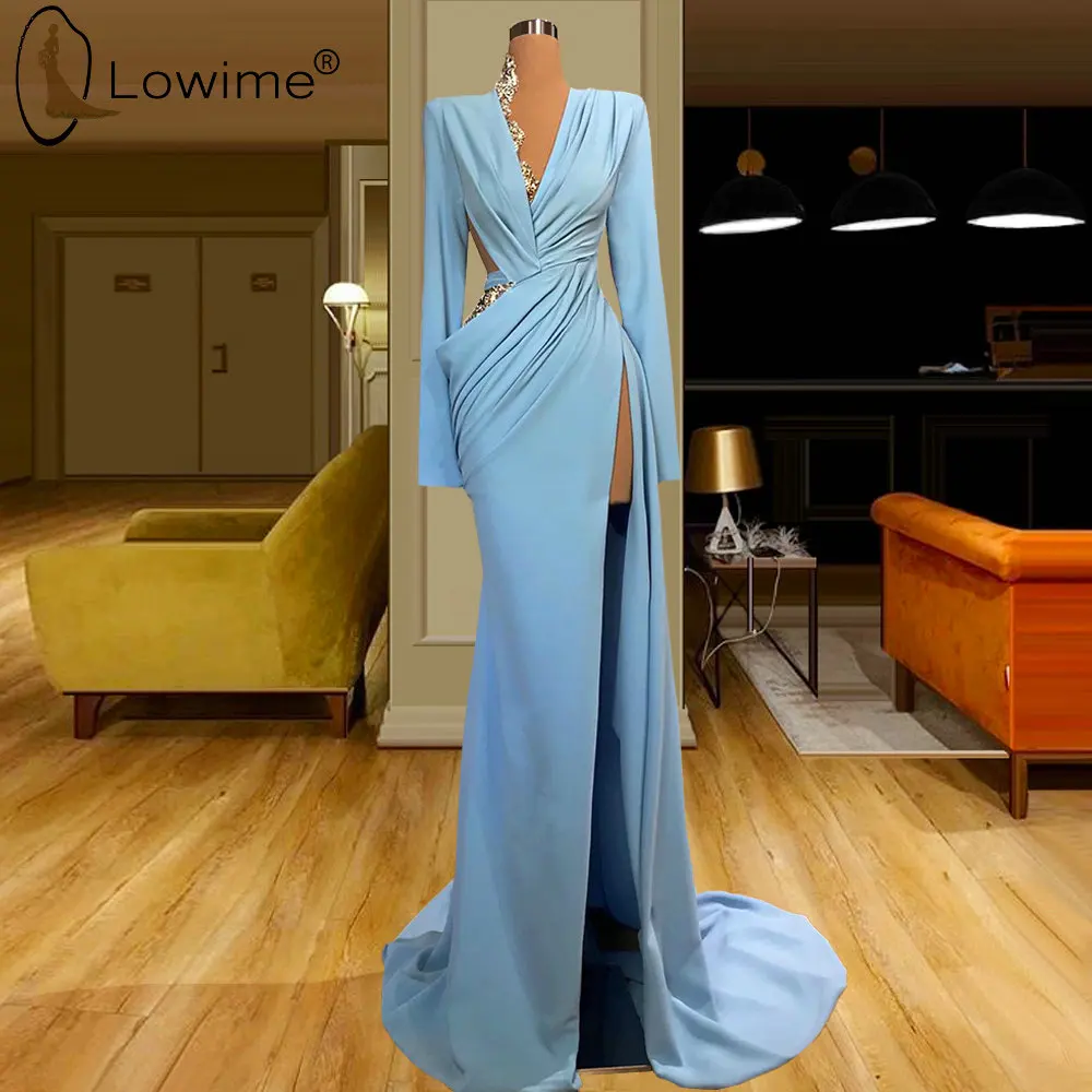 

Light Blue Long Sleeve Evening Dresses 2020 V Neck Split Mermaid Formal Dress Dubai Longue Robes Vestidos De Soiree