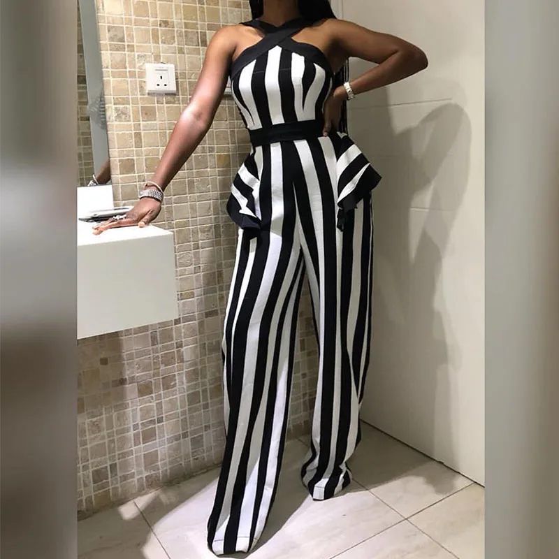 

Женские Длинные Комбинезоны Adogirl в белую и черную полоску, костюмы с перекрестными шнурками и открытыми плечами, офисные комбинезоны с завы...