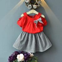 childrens summer suit girls new korean baby girls off shoulder short sleeve top plaid skirt two piece set