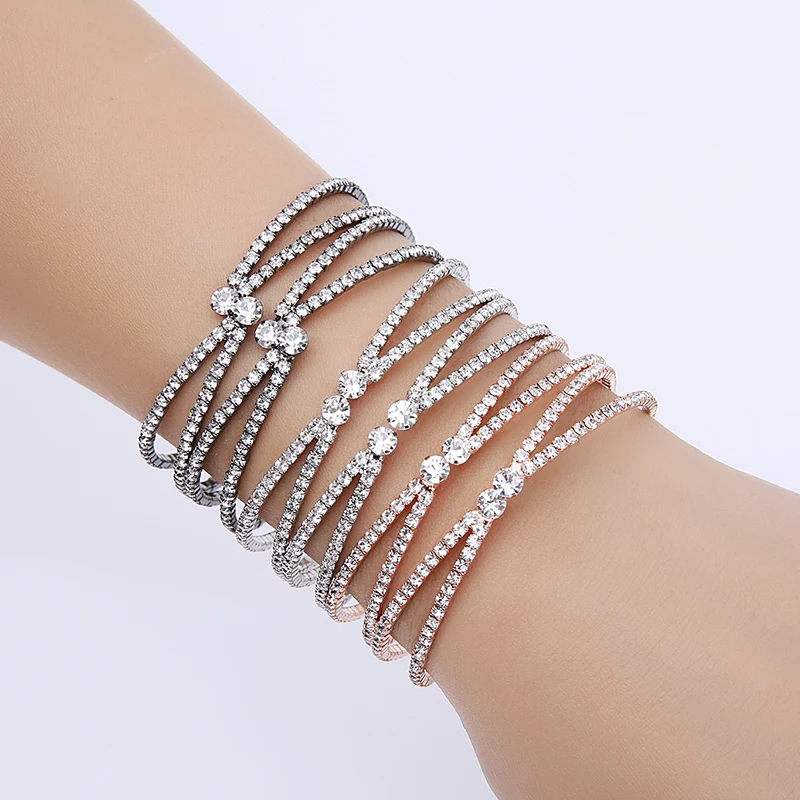 Браслеты Стразы с кристаллами 4 линии витые посеребренные и темно черные