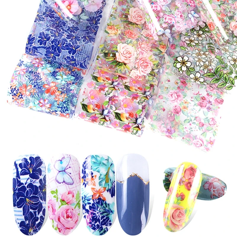 Q1QD 10 Sheets Retro Floral Butterfly Pattern Nail Art Stickers Transfer Foil Paper Starry Sky Flower Decals DIY Manicure