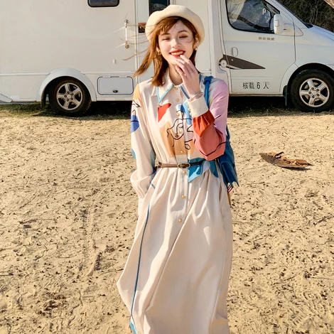 

Color design sense stitching shirt dress a-line loose dress women boho long maxi dress vestido feminino Cotton A-Line