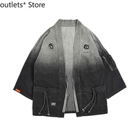 man japanese style kimono coat retro gradient denim print haori male fashion tooling black streetwear cardigan autumn jacket